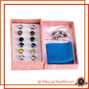 6 Multi Color Stainless Steel Post Hypo Allergenic Faceted Round Cut Crystal NWT